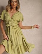 j&x Rochie Tip Plic Verde din Viscoză Decorată cu Curea Lanestea