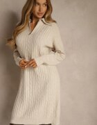 j&x Rochie tip pulover Bej deschis din bumbac și lână decorată cu fermoar Reinda
