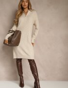 j&x Rochie tip pulover Bej deschis din bumbac și lână decorată cu fermoar Reinda
