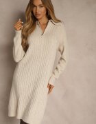 j&x Rochie tip pulover Bej deschis din bumbac și lână decorată cu fermoar Reinda