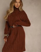 j&x Rochie tip pulover maro deschis cu guler înalt din lână și bumbac și cu împletitură decorativă Reilenea