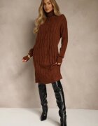 j&x Rochie tip pulover maro deschis cu guler înalt din lână și bumbac și cu împletitură decorativă Reilenea