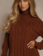 j&x Rochie tip pulover maro deschis cu guler înalt din lână și bumbac și cu împletitură decorativă Reilenea