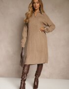 j&x Rochie tricotată Bej cu Bumbac și Lână Decorată cu Fermoar Reinda