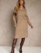 j&x Rochie tricotată Bej cu Bumbac și Lână Decorată cu Fermoar Reinda