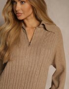 j&x Rochie tricotată Bej cu Bumbac și Lână Decorată cu Fermoar Reinda