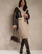 j&x Rochie tricotată bejă cu bumbac și guler înalt Reinaria