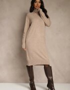 j&x Rochie tricotată bejă cu bumbac și guler înalt Reinaria