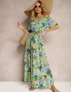 j&x Rochie Verde-Albastră din Viscoză cu Croială Cloș cu Curea în Talie și cu Imprimeu Floral Rosubia
