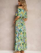 j&x Rochie Verde-Albastră din Viscoză cu Croială Cloș cu Curea în Talie și cu Imprimeu Floral Rosubia
