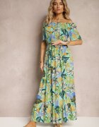 j&x Rochie Verde-Albastră din Viscoză cu Croială Cloș cu Curea în Talie și cu Imprimeu Floral Rosubia