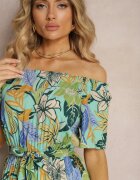 j&x Rochie Verde-Albastră din Viscoză cu Croială Cloș cu Curea în Talie și cu Imprimeu Floral Rosubia