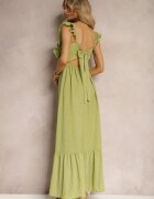 j&x Rochie Verde cu legătură la spate cu bretele cu volane și elastic în talie Rollas