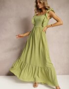 j&x Rochie Verde cu legătură la spate cu bretele cu volane și elastic în talie Rollas