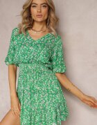 j&x Rochie Verde Evazată Mini din Viscoză cu volan cu elastic în talie Etase