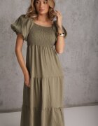 j&x Rochie verde închis din viscoză evazată cu mâneci bufante Rosena