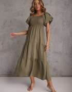 j&x Rochie verde închis din viscoză evazată cu mâneci bufante Rosena