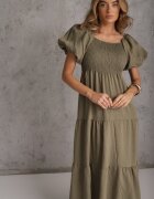 j&x Rochie verde închis din viscoză evazată cu mâneci bufante Rosena