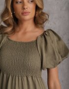 j&x Rochie verde închis din viscoză evazată cu mâneci bufante Rosena