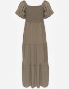 j&x Rochie verde închis din viscoză evazată cu mâneci bufante Rosena