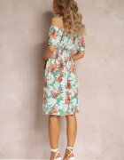 j&x Rochie Verde Midi cu Imprimeu Floral cu Decolteu Spaniol și Elastic în Talie Clemitte