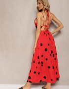 j&x Rochie viscoză roșie cu elastic în talie și legătură la gât și la spate Kamaries