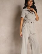 j&x Salopetă Gri Wide Leg cu Guler cu Fermoar și Mânecă Scurtă