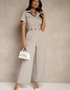 j&x Salopetă Gri Wide Leg cu Guler cu Fermoar și Mânecă Scurtă
