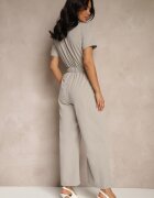 j&x Salopetă Gri Wide Leg cu Guler cu Fermoar și Mânecă Scurtă