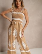 j&x Salopetă Maro Wide Leg din Viscoză cu Bretele Decorată cu Model Etnic Melriti