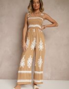 j&x Salopetă Maro Wide Leg din Viscoză cu Bretele Decorată cu Model Etnic Melriti