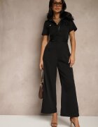 j&x Salopetă Negru Wide Leg cu Guler cu Fermoar și Mânecă scurtă Jenaralitia