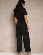 j&x Salopetă Negru Wide Leg cu Guler cu Fermoar și Mânecă scurtă Jenaralitia