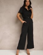 j&x Salopetă Negru Wide Leg cu Guler cu Fermoar și Mânecă scurtă Jenaralitia