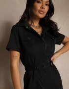 j&x Salopetă Negru Wide Leg cu Guler cu Fermoar și Mânecă scurtă Jenaralitia