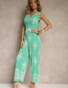 j&x Salopetă Verde cu Decolteu în V Decorat cu Imprimeu Etnic Izlina