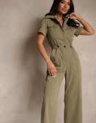 j&x Salopetă Verde închis Wide Leg cu Guler Fermoar și Mânecă scurtă Jenaralitia