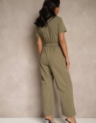 j&x Salopetă Verde închis Wide Leg cu Guler Fermoar și Mânecă scurtă Jenaralitia