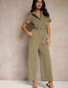 j&x Salopetă Verde închis Wide Leg cu Guler Fermoar și Mânecă scurtă Jenaralitia