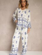 j&x Set Alb-Albastru în Stil Etnic Pantaloni cu Elastic în Talie și Bluză Oversize Eviralyn