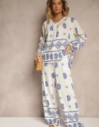 j&x Set Alb-Albastru în Stil Etnic Pantaloni cu Elastic în Talie și Bluză Oversize Eviralyn