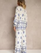 j&x Set Alb-Albastru în Stil Etnic Pantaloni cu Elastic în Talie și Bluză Oversize Eviralyn