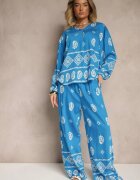 j&x Set Albastru în Stil Etno Pantaloni cu bandă elastică în talie și Bluză Oversize Eviralyn