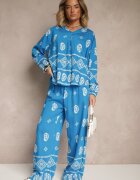 j&x Set Albastru în Stil Etno Pantaloni cu bandă elastică în talie și Bluză Oversize Eviralyn