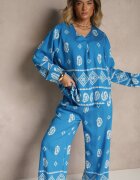 j&x Set Albastru în Stil Etno Pantaloni cu bandă elastică în talie și Bluză Oversize Eviralyn