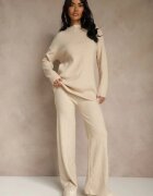 j&x Set bej cu lână și bumbac Pantaloni largi și Pulover cu croială lungă Reilissa