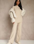 j&x Set bej cu lână și bumbac Pantaloni largi și Pulover cu croială lungă Reilissa