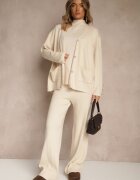 j&x Set Bej deschis din tricot cu bumbac Pantaloni Cardigan și Tricou cu guler înalt Ralonia