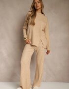 j&x Set Bej din Lână și Bumbac Pulover cu Nasturi și Pantaloni Largi Reinelia