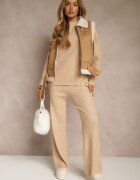 j&x Set Bej din Lână și Bumbac Pulover cu Nasturi și Pantaloni Largi Reinelia